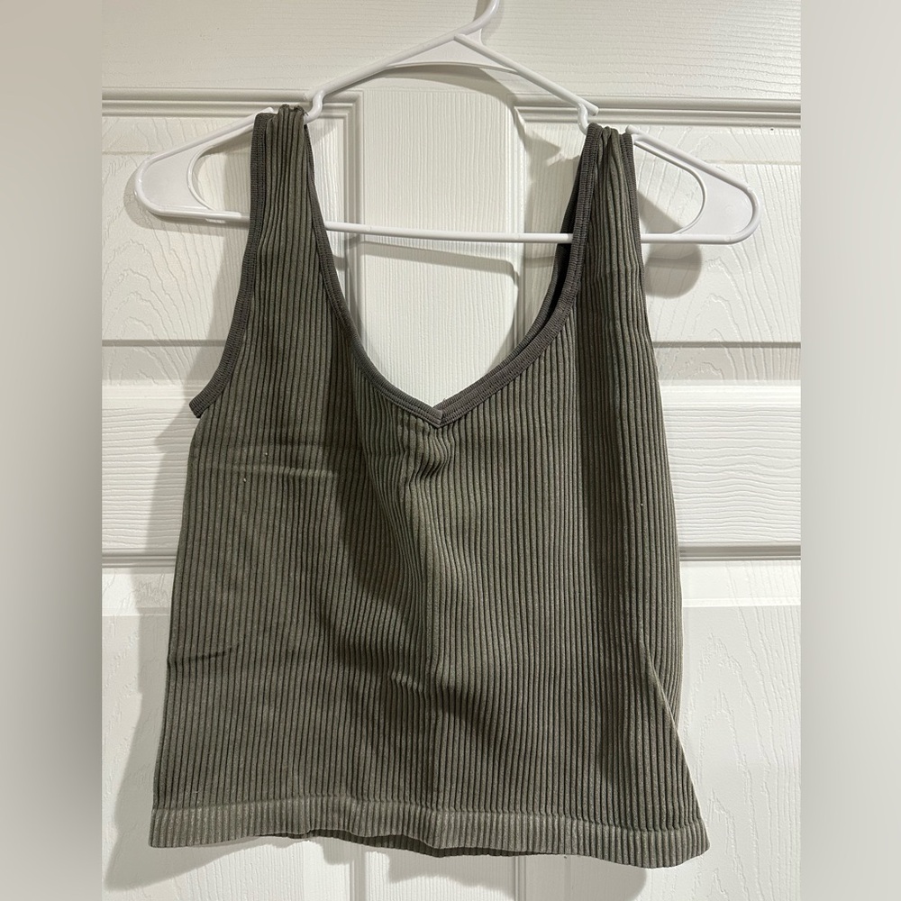 Olive Ribbed V-Neck Tank Top